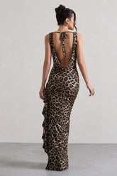Leopard Print Cowl-Neck Ruffled Split Maxi Dress